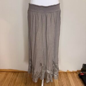 Grey Lace Hem Smocked Pull On Midi Shirt Womens XL Boho Hippie Cottagecore